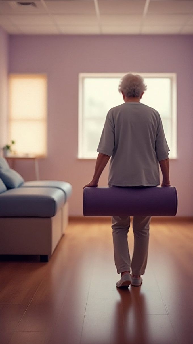 Pessoa idosa com tapete de exercícios